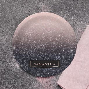 Moderne zwarte en roze glitter Sparkles Papieren Bordje