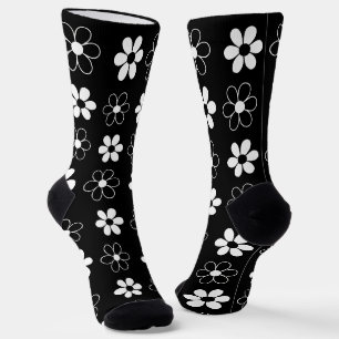 Moderne Zwarte en Witte Bloemen op Zwarte Sokken