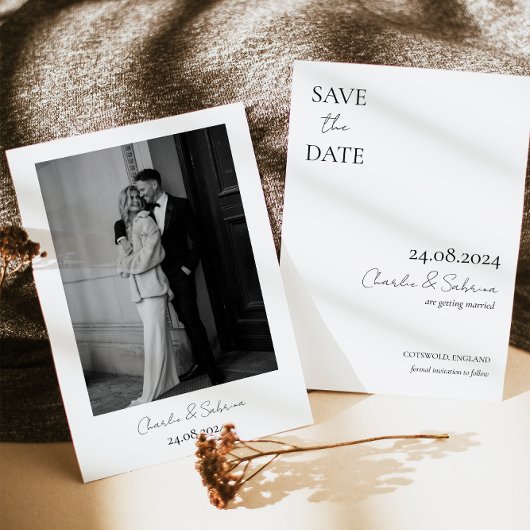 Moderne zwarte en witte bruiloft sparen de Datum Save The Date