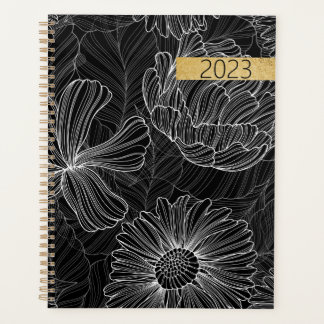 Moderne zwarte en witte Floral Spiral Planner