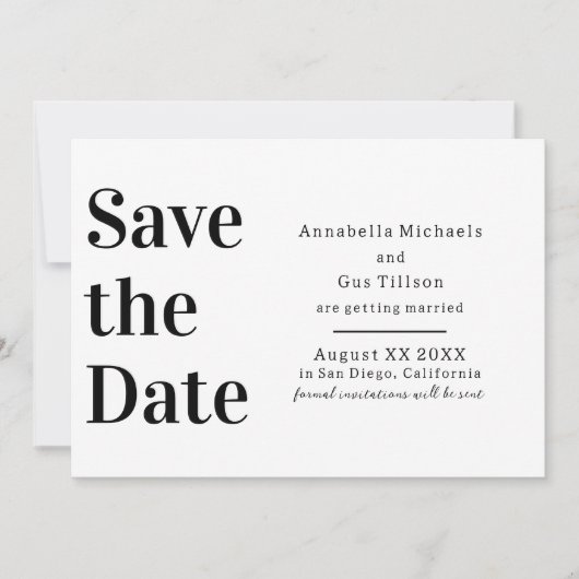 Moderne zwarte en witte grote letter save the date (Voorkant)