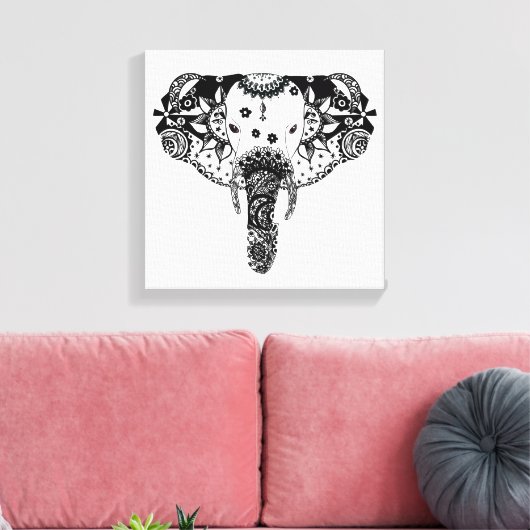 Moderne zwarte en witte lijnhoekolifant canvas afdruk (Insitu (Woonkamer))