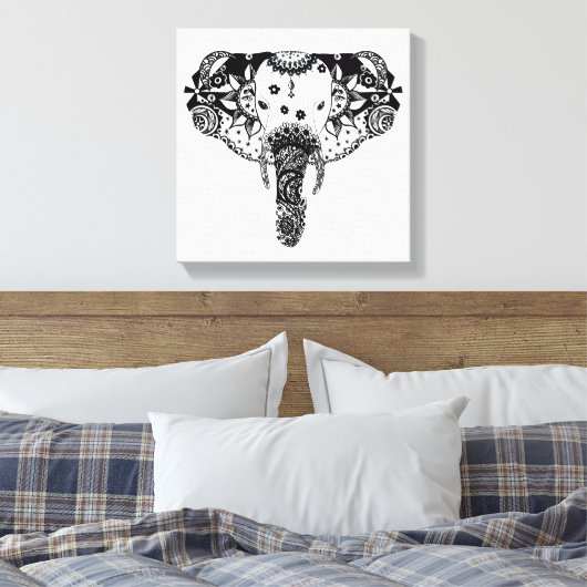 Moderne zwarte en witte lijnhoekolifant canvas afdruk (Insitu (Slaapkamer))