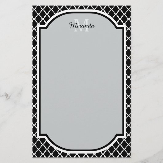 Moderne zwarte en witte Quatrefoil Monogramnaam Briefpapier (Voorkant)