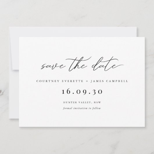Moderne zwarte en witte save the date uitnodiging (Voorkant)