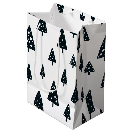 Moderne zwarte en witte Scandinavische kerstbomen Medium Cadeauzakje (Voorkant Gekanteld)