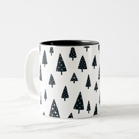 Moderne zwarte en witte Scandinavische kerstbomen Tweekleurige Koffiemok (Voorkant links)