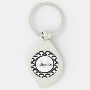 Moderne zwarte en witte schelpen Monogram en naam Sleutelhanger