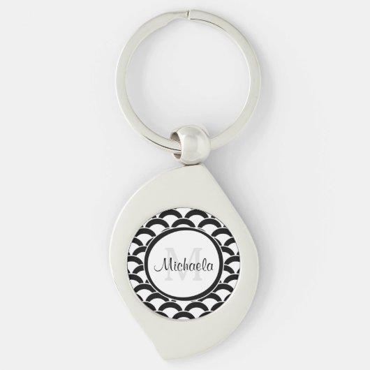 Moderne zwarte en witte schelpen Monogram en naam Sleutelhanger (Voorkant)