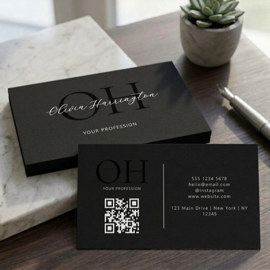 Moderne Zwarte en Witte Script QR Code Monogram Visitekaartje