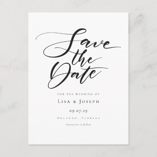 Moderne Zwarte en Witte Script Save the Date Aankondigingskaart (Voorkant)