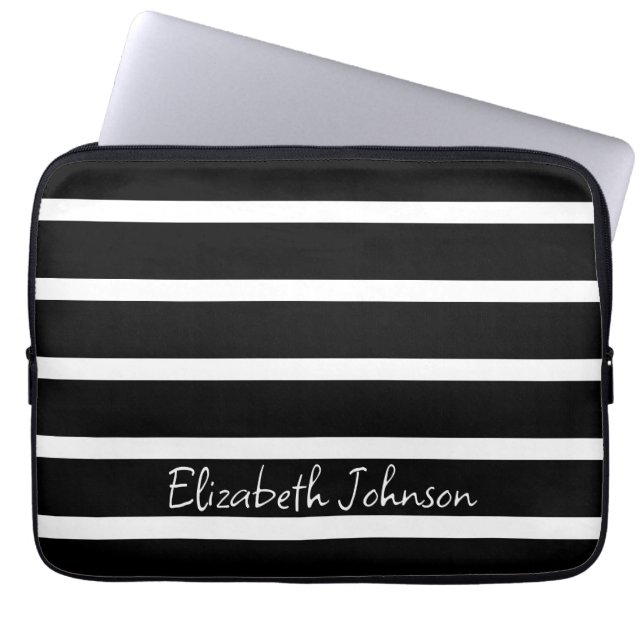 Moderne zwarte en witte streep op maat laptop sleeve (Voorkant)