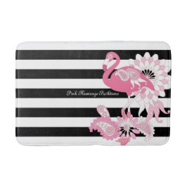 Moderne zwarte en witte strepe roze flamingo badmat