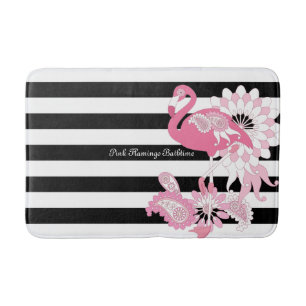 Moderne zwarte en witte strepe roze flamingo badmat