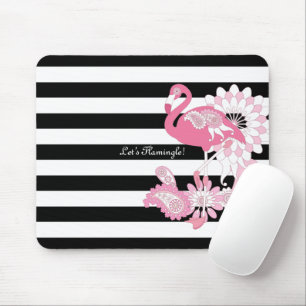 Moderne zwarte en witte strepe roze flamingo muismat