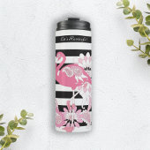 Moderne zwarte en witte strepe roze flamingo thermosbeker