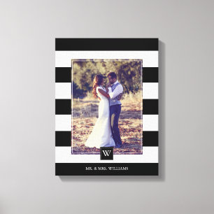 Moderne zwarte en witte strepen Monogrammed Foto Canvas Afdruk