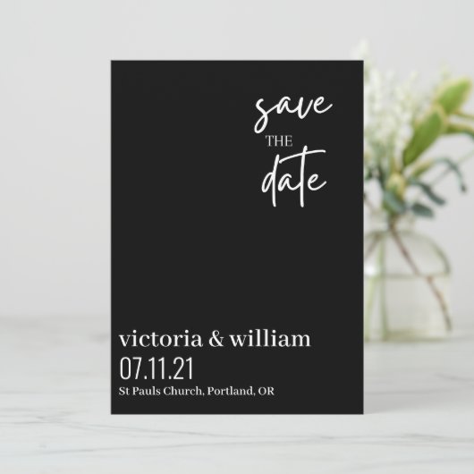 moderne zwarte en witte trendy save the date (Staand voorkant)