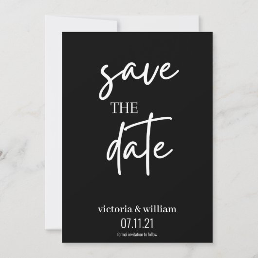 moderne zwarte en witte trendy save the date (Achterkant)