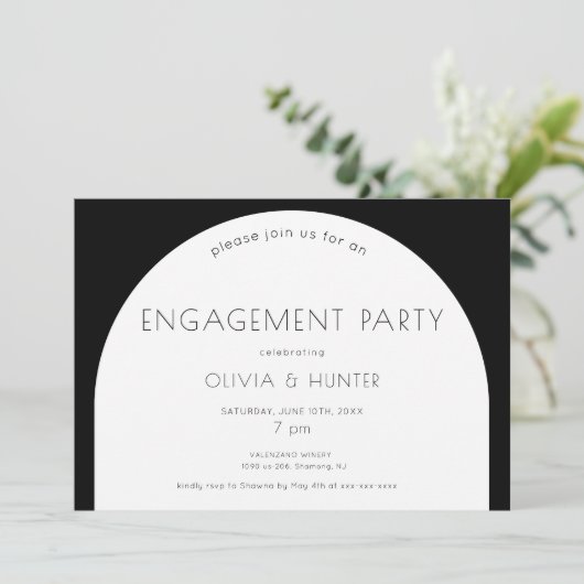 Moderne zwarte en witte uitnodiging voor verloving (Staand voorkant)