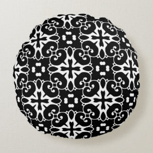 Moderne, zwarte en witte vouw Grafische Floral Rond Kussen