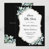 Moderne zwarte eucalyptus groen bruiloft save the date (Voorkant / Achterkant)