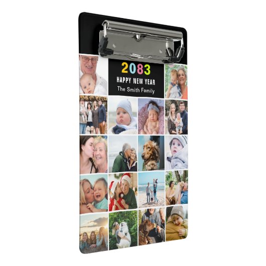 Moderne zwarte familie fotocollage aangepaste teks mini klembord (Schuin)