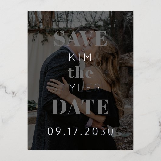 Moderne, zwarte foto bruiloft, behalve datum folie uitnodiging briefkaart (Voorkant)