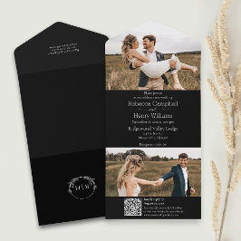 Moderne zwarte foto | Monogram | QR-code All In One Uitnodiging