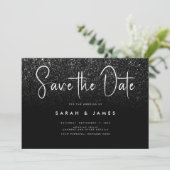 Moderne zwarte Glitter Chic Wedding Save the Date (Staand voorkant)