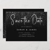 Moderne zwarte Glitter Chic Wedding Save the Date (Voorkant / Achterkant)