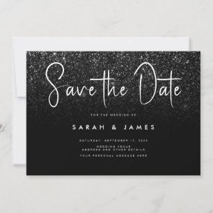 Moderne zwarte Glitter Chic Wedding Save the Date