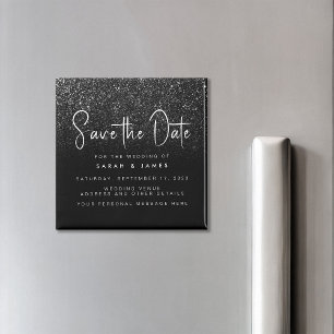 Moderne zwarte Glitter Chic Wedding Save the Date Magneet