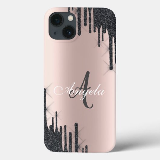 Moderne Zwarte Glitter Drips Roze Goud, Monogram Case-Mate iPhone Case (Achterkant)