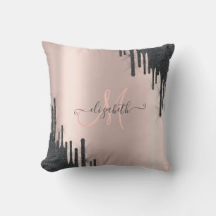 Moderne Zwarte Glitter Drips Roze Gouden Monogram Kussen