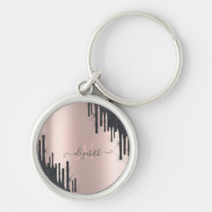 Moderne Zwarte Glitter Druppels Roze Gouden Monogr Sleutelhanger