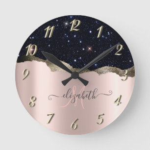 Moderne Zwarte Glitter Roosgoud Monogram Ronde Klok