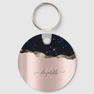 Moderne Zwarte Glitter Roosgoud Monogram Sleutelhanger