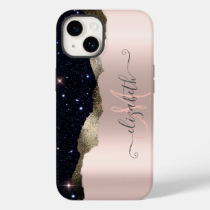 Moderne Zwarte Glitter Roze Gouden Monogram Case-Mate iPhone 14 Hoesje