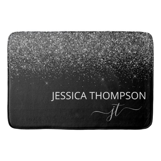 Moderne zwarte Glitter Simple Script Monogram Name Badmat (Voorkant)