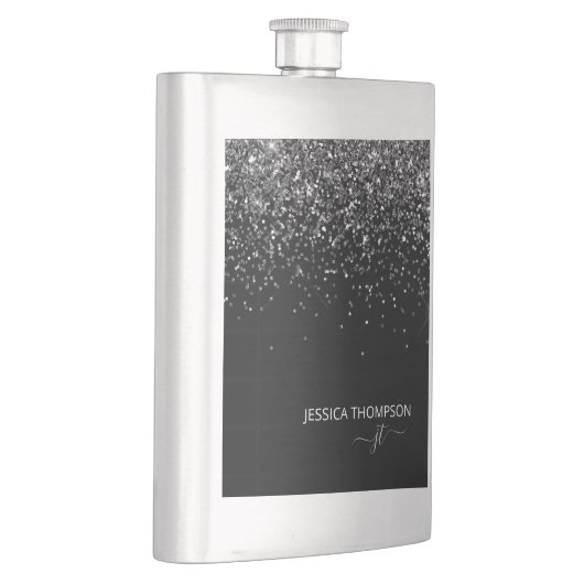 Moderne zwarte Glitter Simple Script Monogram Name Flacon (Rechts)