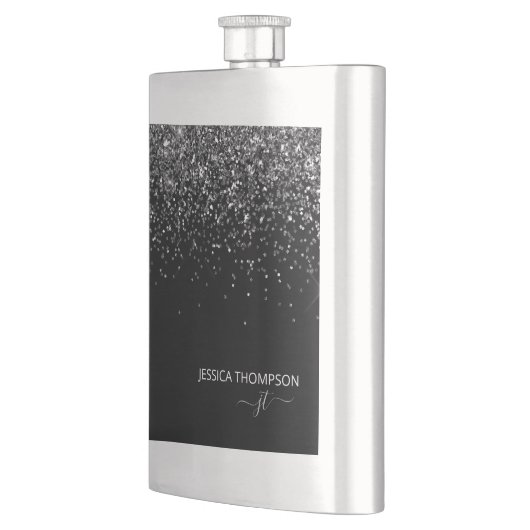 Moderne zwarte Glitter Simple Script Monogram Name Flacon (Links)