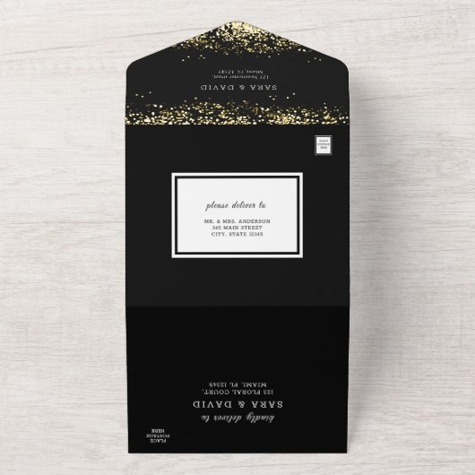 Moderne zwarte glittershuwelijksuitnodiging alles  all in one uitnodiging (Buitenkant)