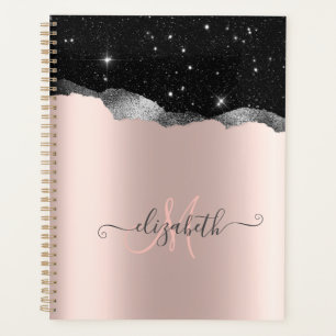 Moderne zwarte glittersilver, roze gouden monogram planner