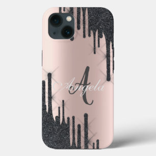 Moderne zwarte glitterslierten, roze goud, Monogra iPhone 13 Hoesje