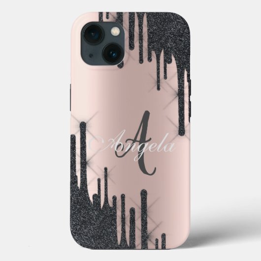 Moderne zwarte glitterslierten, roze goud, Monogra Case-Mate iPhone Case (Achterkant)