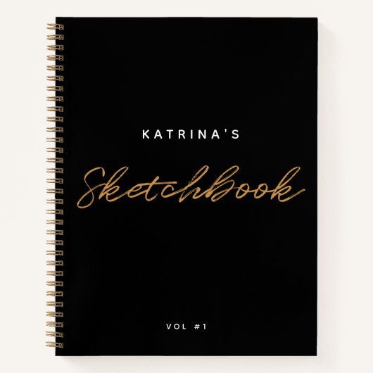 Moderne zwarte Gold Minimalist Script Sketchbook Notitieboek (Voorkant)