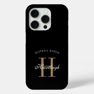 Moderne Zwarte Goud Witte Monogram Naam iPhone 15 Pro Case