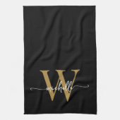 Moderne Zwarte Gouden Aangepaste Monogram Naam Let Theedoek (Verticaal)