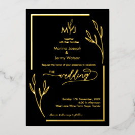 Moderne Zwarte & Gouden Folder Rand Monogram Folie Uitnodiging